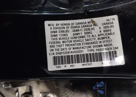 2019 Honda Civic Sport из США, поврежденный, VIN 2HGFC2E81KH553221